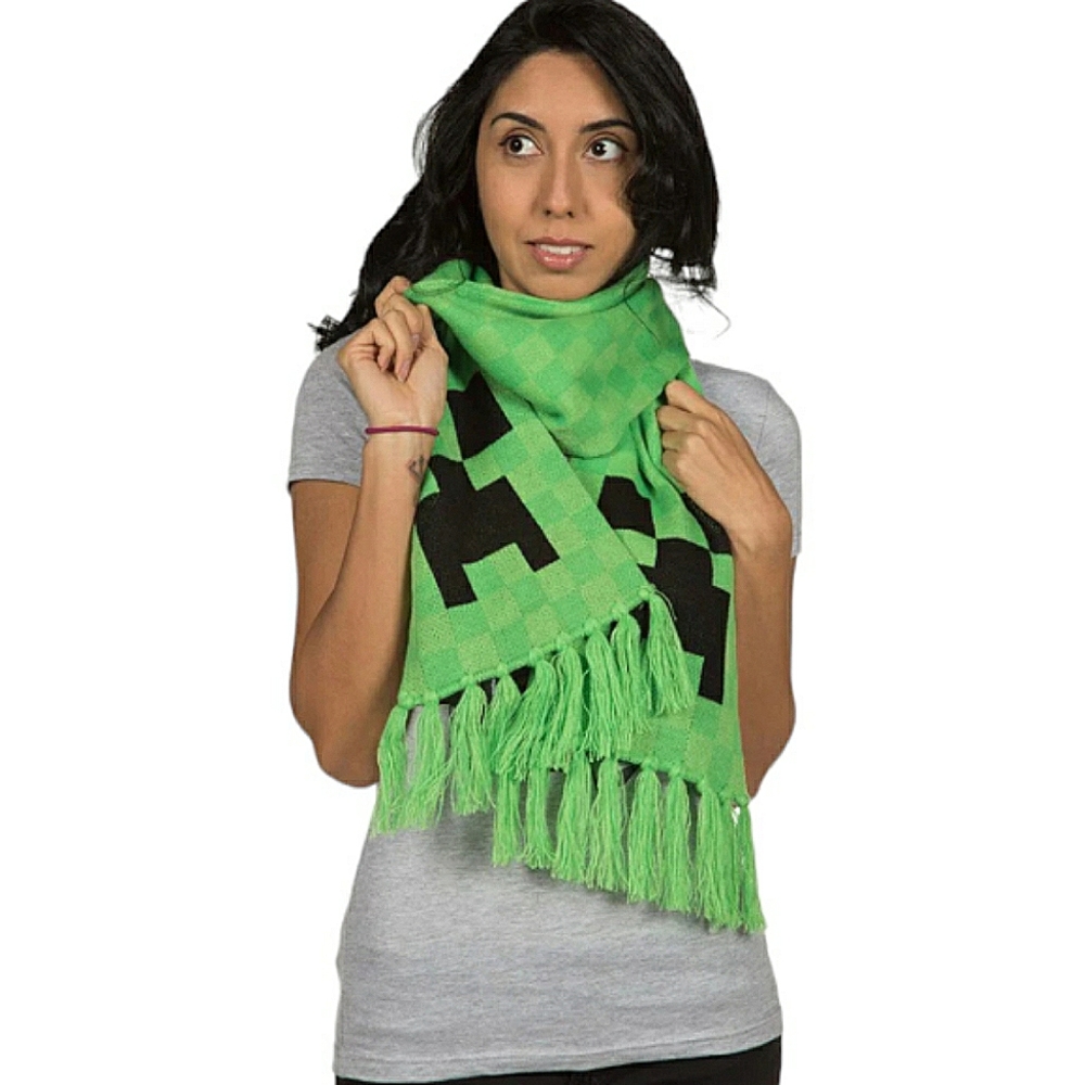 J¡NX Minecraft Creeper Face Fringe Ends Acrylic Knit Scarf Unisex Green Black OS